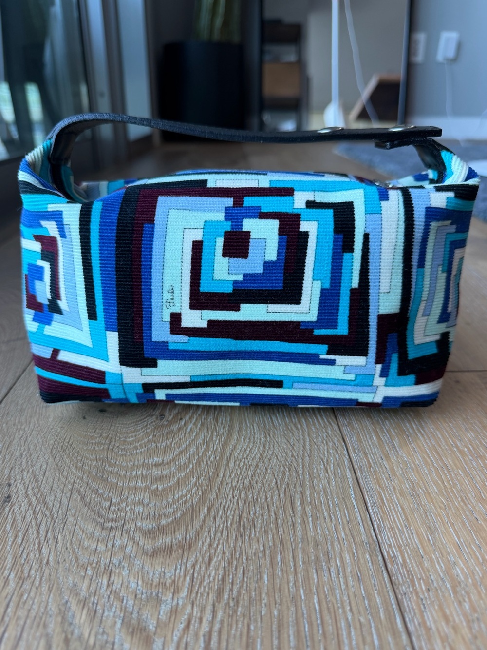 Emilio Pucci Y2K Blue Multi Square Print Corduroy Mini Bag Clutch
